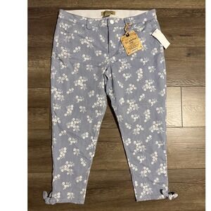 Democracy Ab Solution Pinstriped Floral Crop Capri Pants Blue White‎ Size 16 NWT